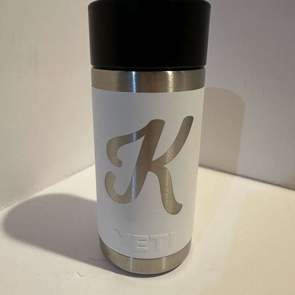 Yeti White & Stainless Steel Monogram K Travel Tumbler with Black Lid